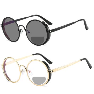 2pcs Transition Sunglasses Photochromic Bifocal Reading Glasses Men Women Light Far and Near Round Reader (2pcs-black&black gold, 4, multiplier_x)