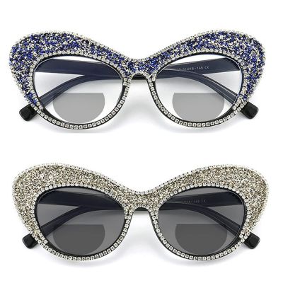 2pcs Transition Photochromic Bifocal Reading Glasses for Women rhinestone Cat Eye Magnifier Presbyopia Sunglasses Readers (2pcs-black&blue, 3, multiplier_x)