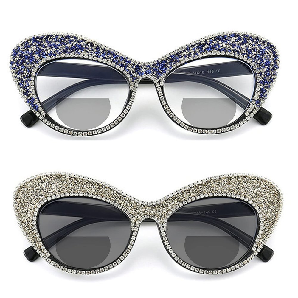 2pcs Transition Photochromic Bifocal Reading Glasses for Women rhinestone Cat Eye Magnifier Presbyopia Sunglasses Readers (2pcs-black&blue, 3, multiplier_x)