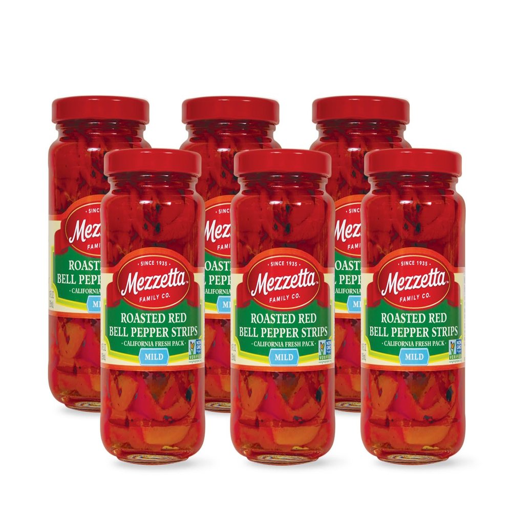 Mezzetta Roasted Red Bell Pepper Strips Mild - Grown in California - Flame Roasted for Rich, Succulent Flavor - Vibrant Color & Tender Texture - Ideal for Fajitas & Frittatas - 16 OZ Jar - Pack of 6