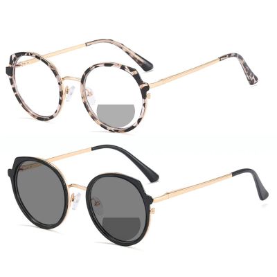2 Pack Transition Photochromic Bifocal Reading Glasses for Women computer Fashion round Readers Sunglasses (2pcs-black&leopard, 3.75, multiplier_x)