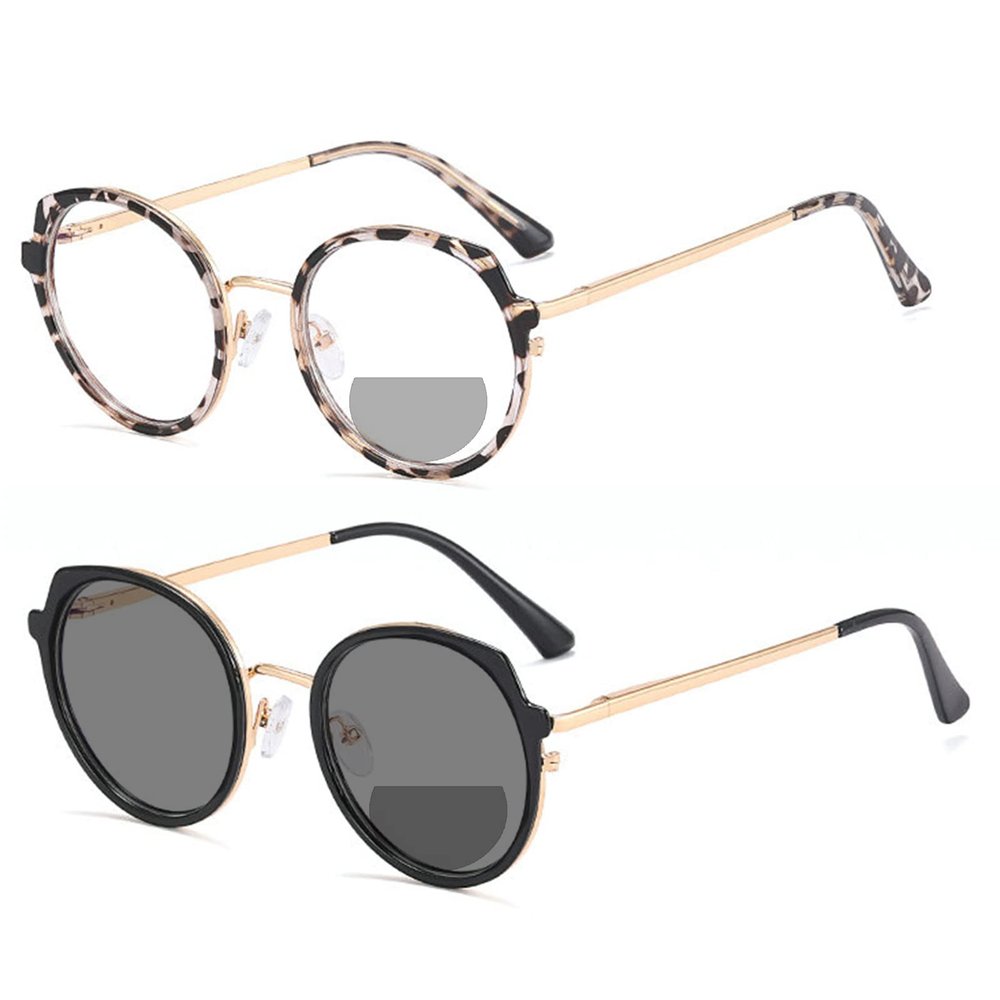 2 Pack Transition Photochromic Bifocal Reading Glasses for Women computer Fashion round Readers Sunglasses (2pcs-black&leopard, 3.75, multiplier_x)