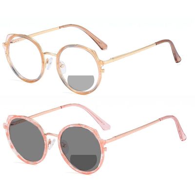 2 Pack Transition Photochromic Bifocal Reading Glasses for Women computer Fashion round Readers Sunglasses (2pcs-brwon&pink flower, 2.25, multiplier_x)
