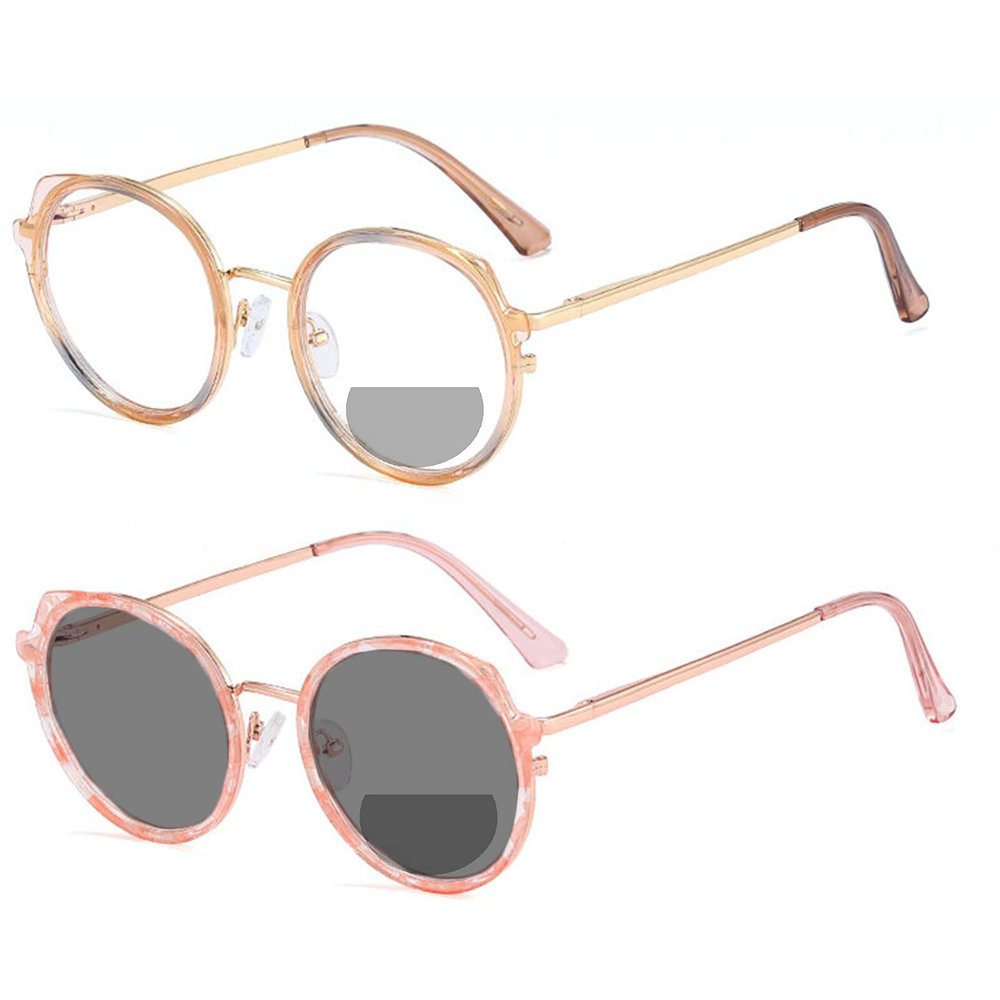 2 Pack Transition Photochromic Bifocal Reading Glasses for Women computer Fashion round Readers Sunglasses (2pcs-brwon&pink flower, 2.25, multiplier_x)