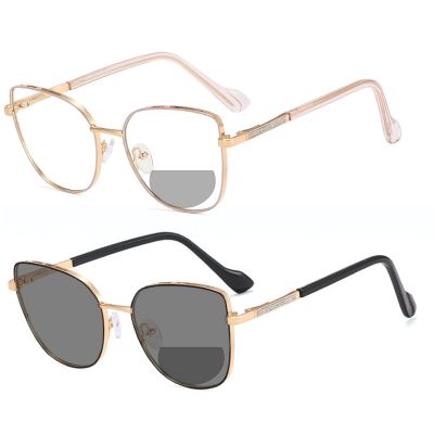 2 Pack Transition Photochromic Bifocal Reading Glasses for Women Stylish Retro rhinestone cat eye Computer Readers (2PCS-black gold&gold, 3.5, multiplier_x)