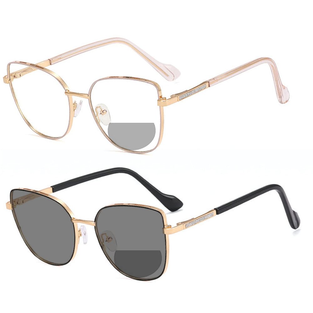 2 Pack Transition Photochromic Bifocal Reading Glasses for Women Stylish Retro rhinestone cat eye Computer Readers (2PCS-black gold&gold, 3.5, multiplier_x)