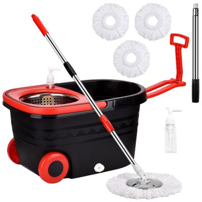 Spin Mop and Bucket with Wringer Set on Wheels, 360 Spinning Mop Bucket System with 3 Microfiber Mop Replacement Heads and 61" Stainless Steel Adjustable Handle for Floor Cleaning (25QT)