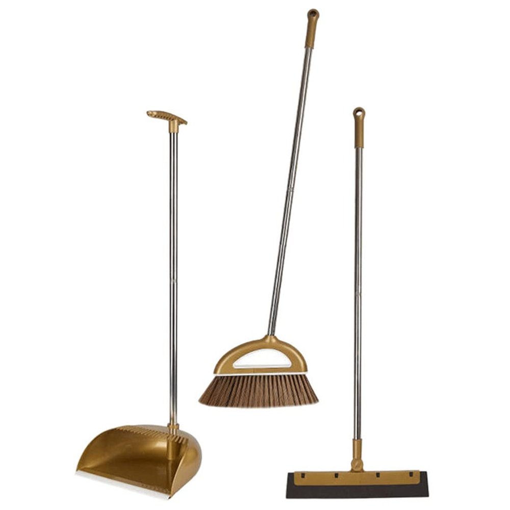 GANAZONO Broom Dustpan Scraper Set Long Handle Stand Up Broom Combo Dustpan for Home Kitchen Room Office Lobby Floor