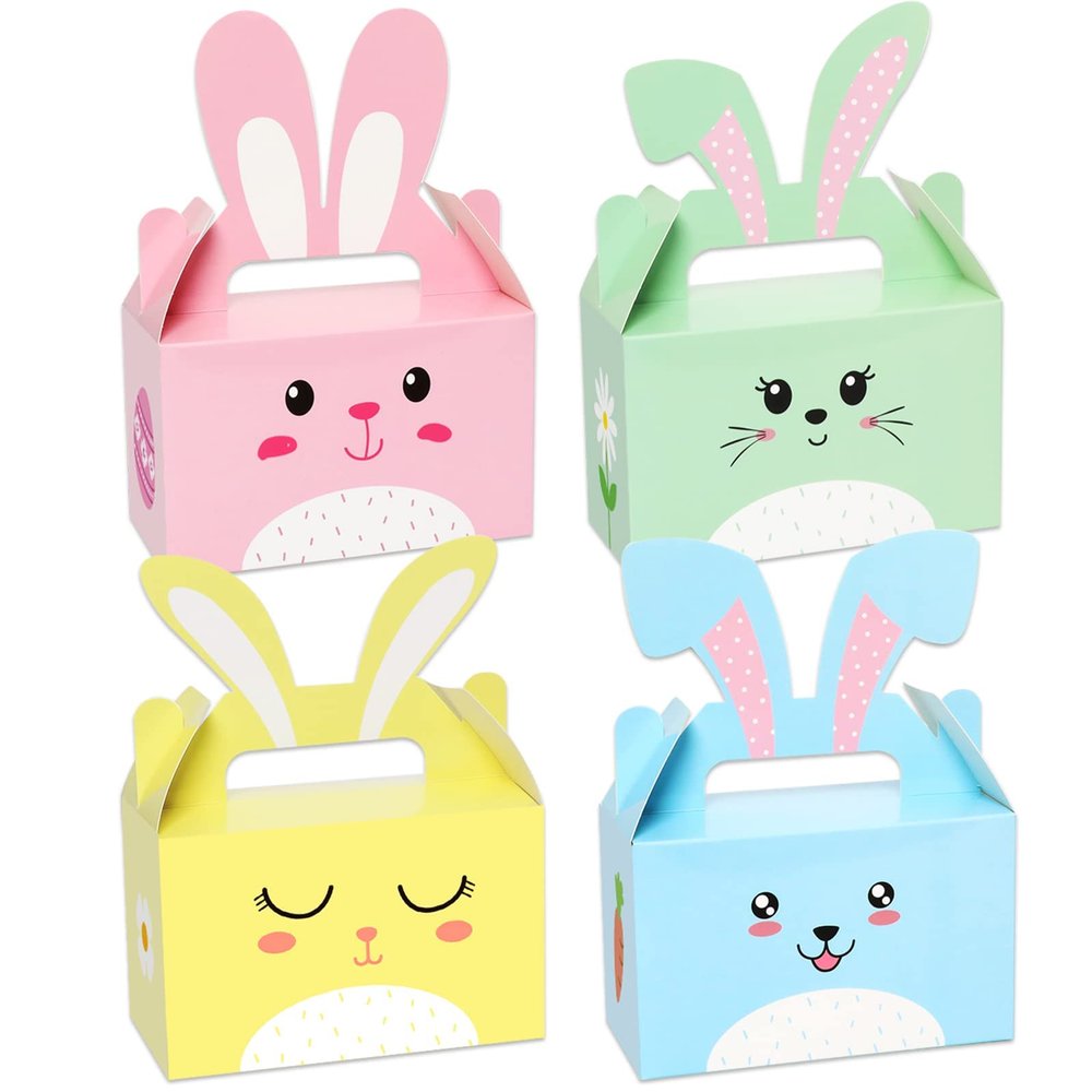 24 Pack Bunny Eggs Gift Box with Handle - Easter Basket Containers for Kids, Home School Classroom Party Favor Decorations
