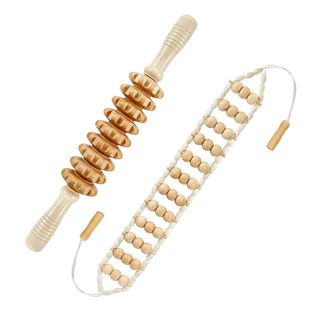 Deston 2 in 1 Wooden Back Massager Roller Rope & Handheld Roller Massager Stick, Relax Fascia, Cellulite, Muscle, Back & Abdomen, Therapy Lymphatic Anti Cellulite Muscle Recovery Massage Tool