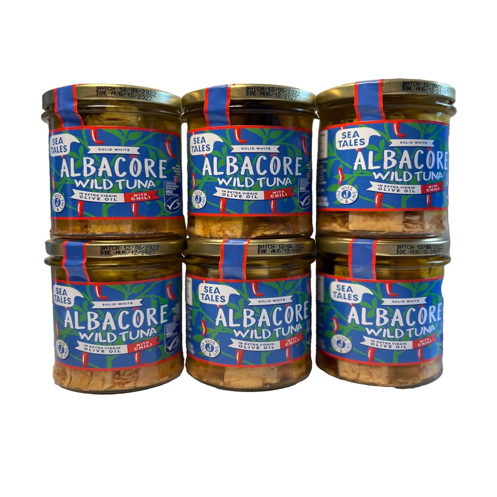 Sea Tales Albacore Fillets in Extra Virgin Olive Oil with Chili in Jar - 100% Pole & Line Wild Sustainably Caught - High Protein Food - Keto Friendly - 7 oz. Jars (Pack of 6)