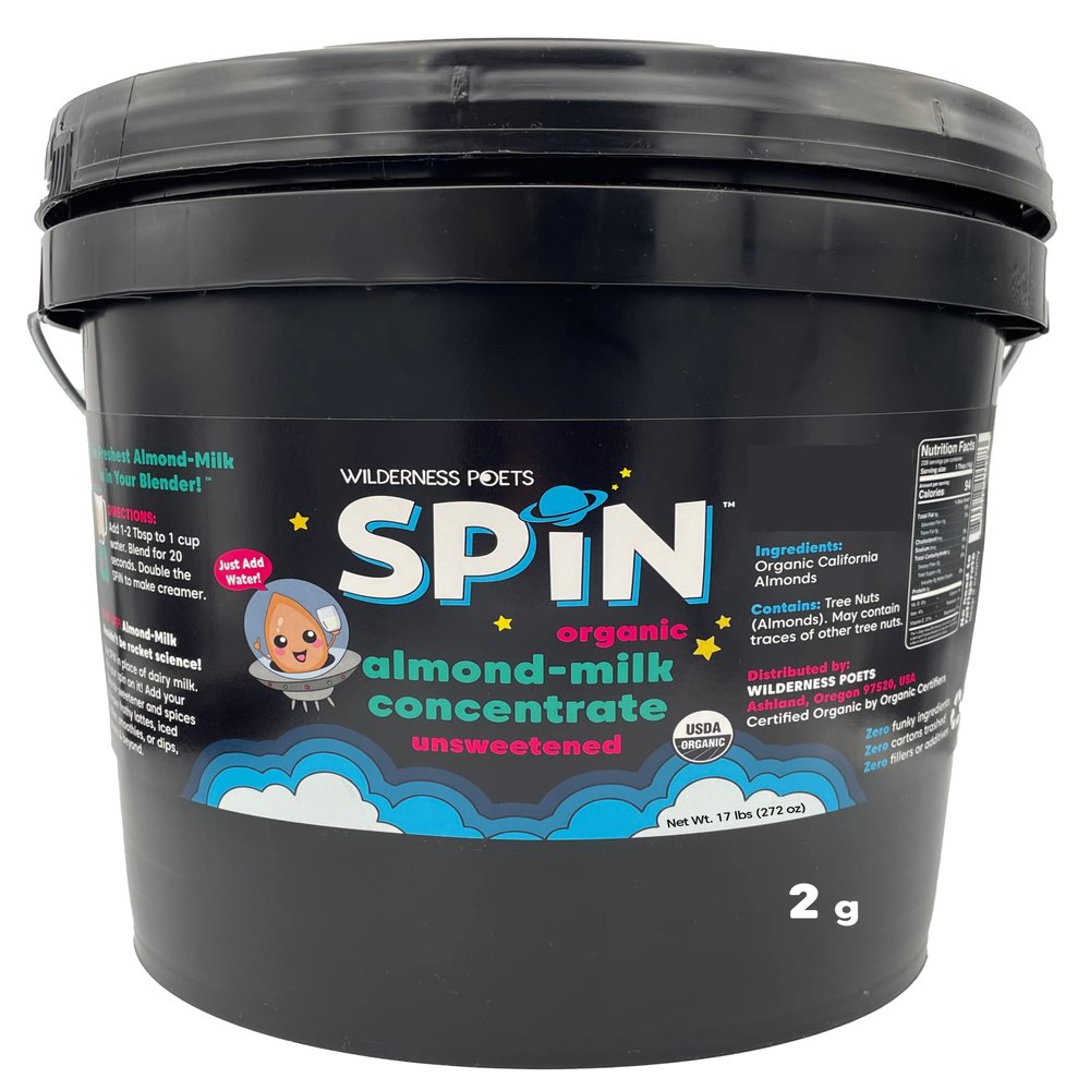 Wilderness Poets SPiN, Organic Almond Milk Concentrate (Unsweetened) - Make Almond Milk or Non-Dairy Creamer for Coffee, Tea, Lattes, Smoothies and Vegan Desserts (272 Ounce - 17 Pound)