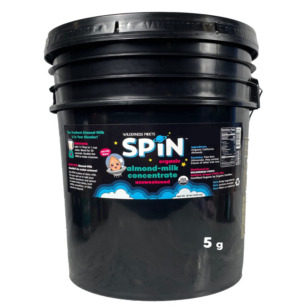 Wilderness Poets SPiN, Organic Almond Milk Concentrate (Unsweetened) - Make Almond Milk or Non-Dairy Creamer for Coffee, Tea, Lattes, Smoothies and Vegan Desserts (640 Ounce - 40 Pound)