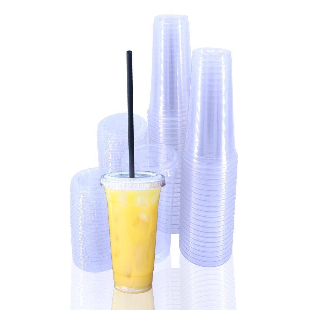 Miley Supply [50 pack] 16 oz. Clear Plastic Cups With Flat Lids - 50 Set