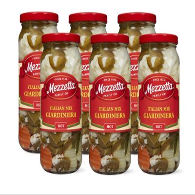 Mezzetta Italian Mix Giardiniera Chicago Style - Hot Giardiniera with Carrots, Celery, Cauliflower & Jalapeo - Tangy Pickled Vegetables for Antipasto - California Harvested - 16 Oz Jar - Pack of 6