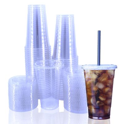 Miley Supply [100 pack] 24oz. Clear Plastic Cups With Flat Lids - 100 Set