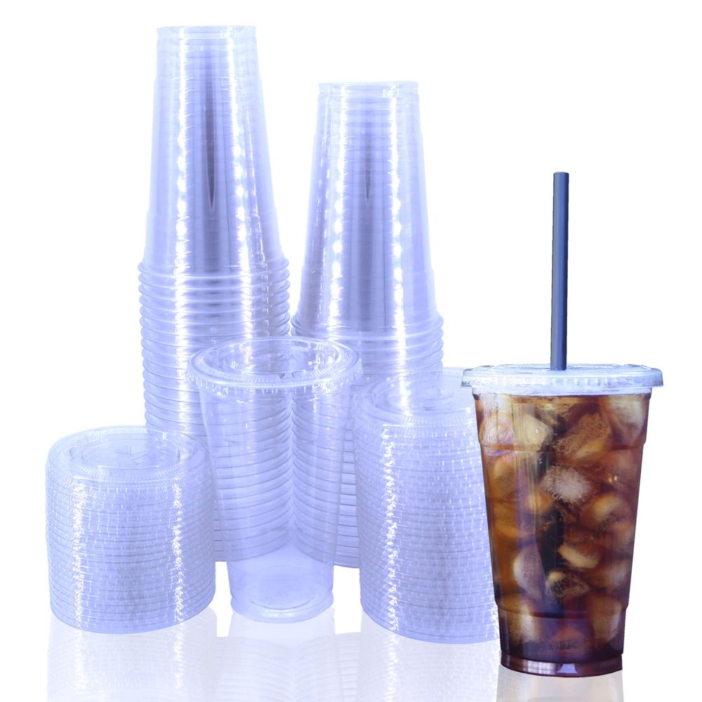 Miley Supply [100 pack] 24oz. Clear Plastic Cups With Flat Lids - 100 Set