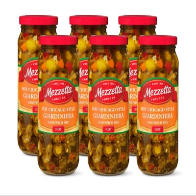 Mezzetta Hot Giardiniera Chicago Style Sandwich Mix - Pickled Carrots, Celery, Cauliflower, Olives with Serrano Peppers for Fiery Heat - Perfect for Italian Sandwich and Salads - 16 Oz Jar - Pack of 6