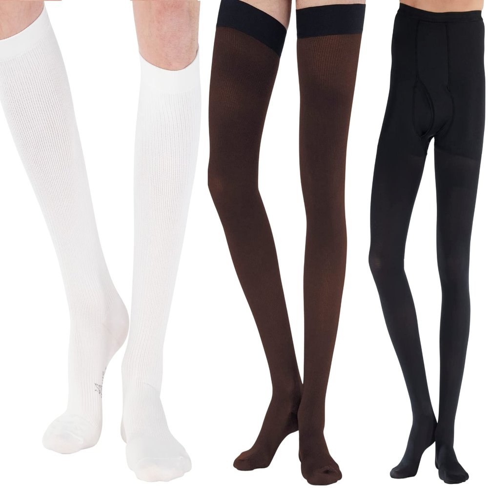 (3 Pairs) Made in USA - Circulating Dress Compression Socks 20-30 mmHg for Women & Men - Knee Hi Firm Support Stockings for Nursing Travel Flight Work - White & Brown & Black