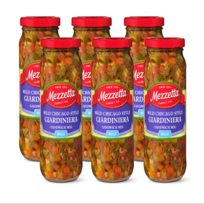 Mezzetta Mild Giardiniera Chicago Style - Pickled Veggies for Italian Beef Sandwiches & Antipasto - Carrots, Celery, Cauliflower, Olives - Crisp & Tangy - Perfect Appetizer - 16 Oz Jar - Pack of 6