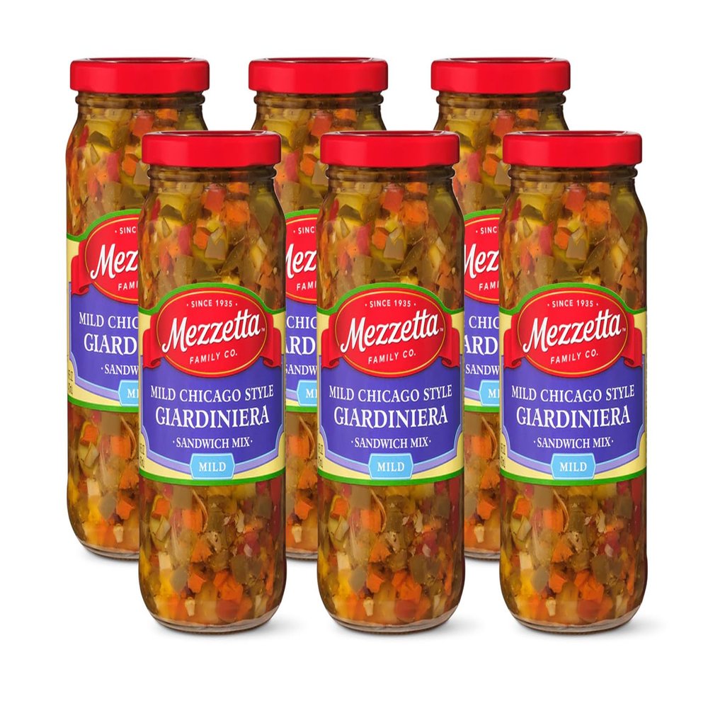 Mezzetta Mild Giardiniera Chicago Style - Pickled Veggies for Italian Beef Sandwiches & Antipasto - Carrots, Celery, Cauliflower, Olives - Crisp & Tangy - Perfect Appetizer - 16 Oz Jar - Pack of 6