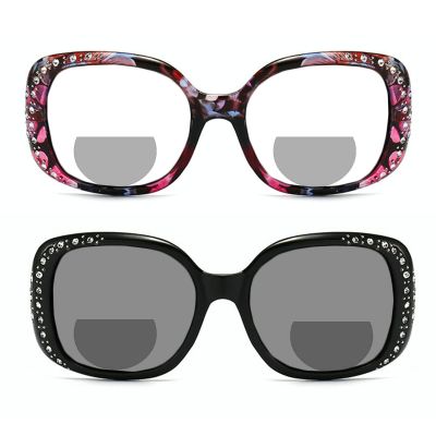 2pcs Transition Photochromic Crystal Frame Bifocal Reading Glasses For Women Bling Diamond Square Sunglasses Readers (2pcs-black&flower, 4, multiplier_x)