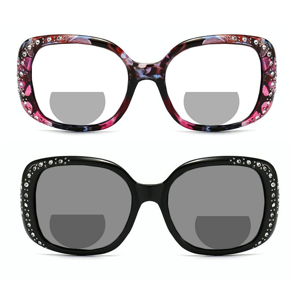2pcs Transition Photochromic Crystal Frame Bifocal Reading Glasses For Women Bling Diamond Square Sunglasses Readers (2pcs-black&flower, 4, multiplier_x)