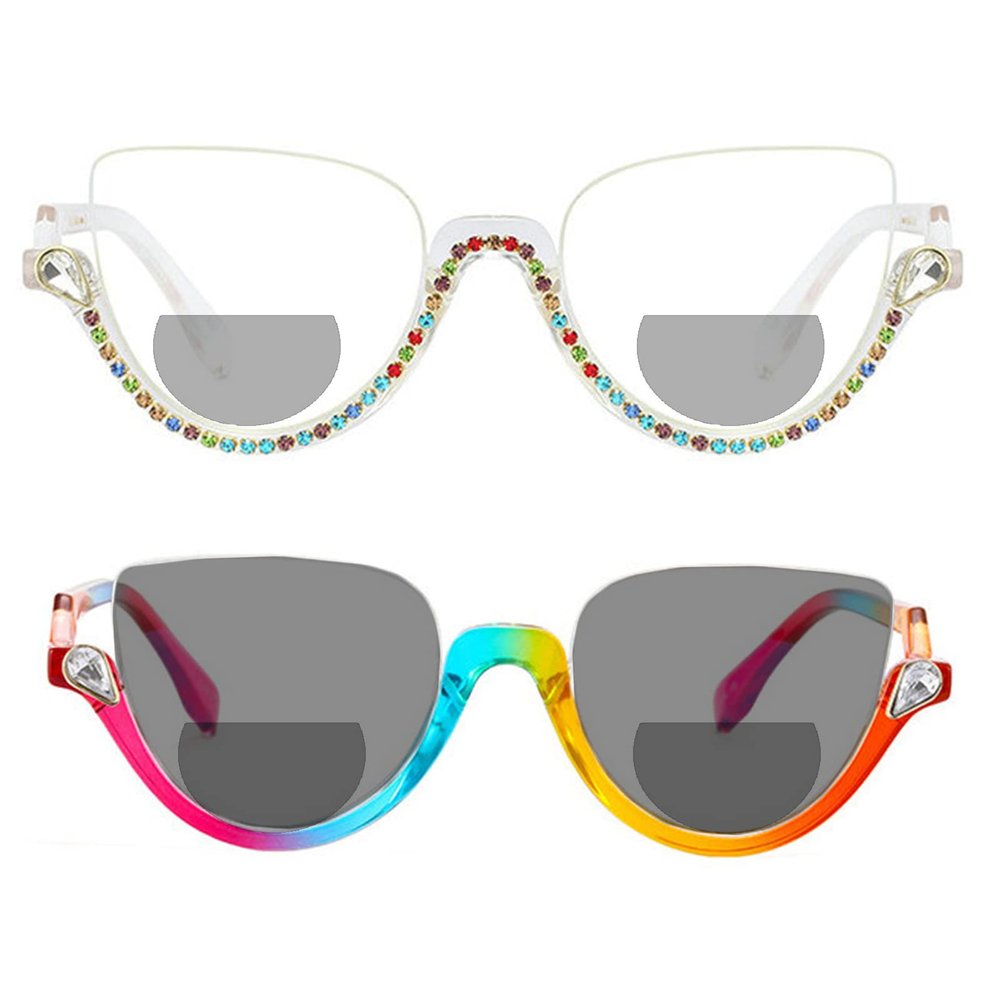 2pcs half frame Transition Photochromic Bifocal Reading Glasses for Women Cat Eye Bling Rhinestone reading Glasses (2PCS-rainbow&clear rainbow, 2, multiplier_x)