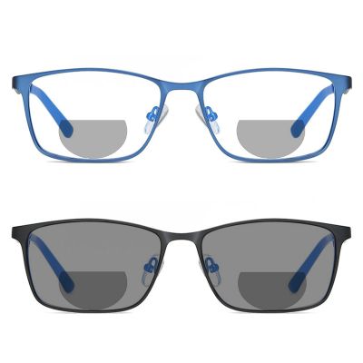 2pcs Transition Photochromic Rectangular Frame Bifocal Reading Glasses for Men Women Clear Sunglasses Readers (2PCS-black&blue, 1.5, multiplier_x)