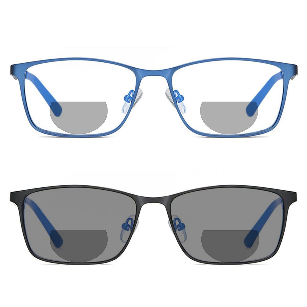 2pcs Transition Photochromic Rectangular Frame Bifocal Reading Glasses for Men Women Clear Sunglasses Readers (2PCS-black&blue, 1.5, multiplier_x)