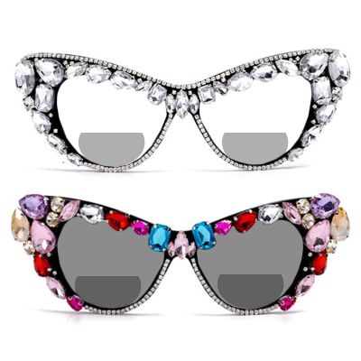 2pcs Oversized Transition Photochromic cat eye Bifocal Reading Glasses For Women rhinestones Reader Sunglasses (2PCS-c1&c2, 1.5, multiplier_x)