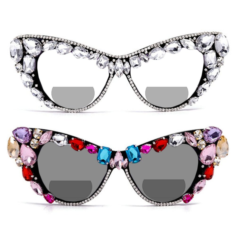 2pcs Oversized Transition Photochromic cat eye Bifocal Reading Glasses For Women rhinestones Reader Sunglasses (2PCS-c1&c2, 1.5, multiplier_x)
