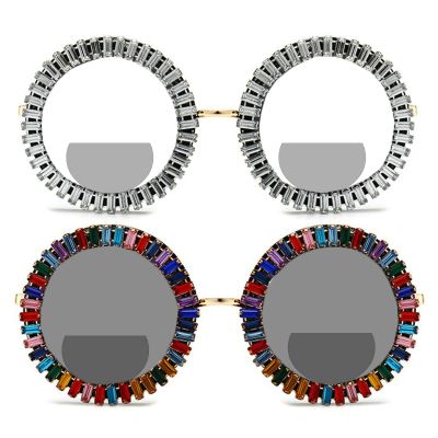 2pcs round Diamond Reader Oversized Bling Rhinestone Bifocal Reading Glasses Women Transition Photochromic Sunglasses (2pcs-white&colourful, 2.75, multiplier_x)