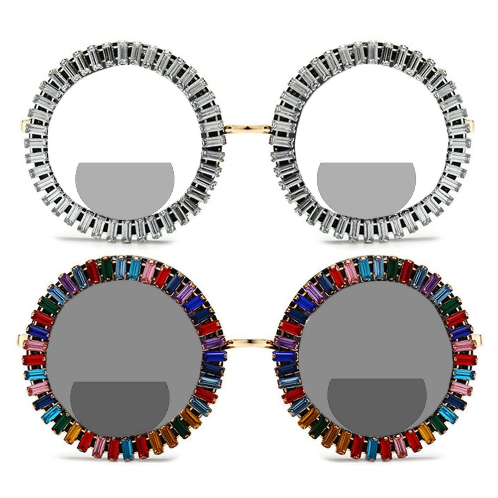 2pcs round Diamond Reader Oversized Bling Rhinestone Bifocal Reading Glasses Women Transition Photochromic Sunglasses (2pcs-white&colourful, 2.75, multiplier_x)