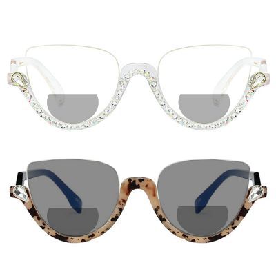 2pcs half frame Transition Photochromic Bifocal Reading Glasses for Women Cat Eye Bling Rhinestone reading Glasses (2pcs-flower&AB, 4, multiplier_x)