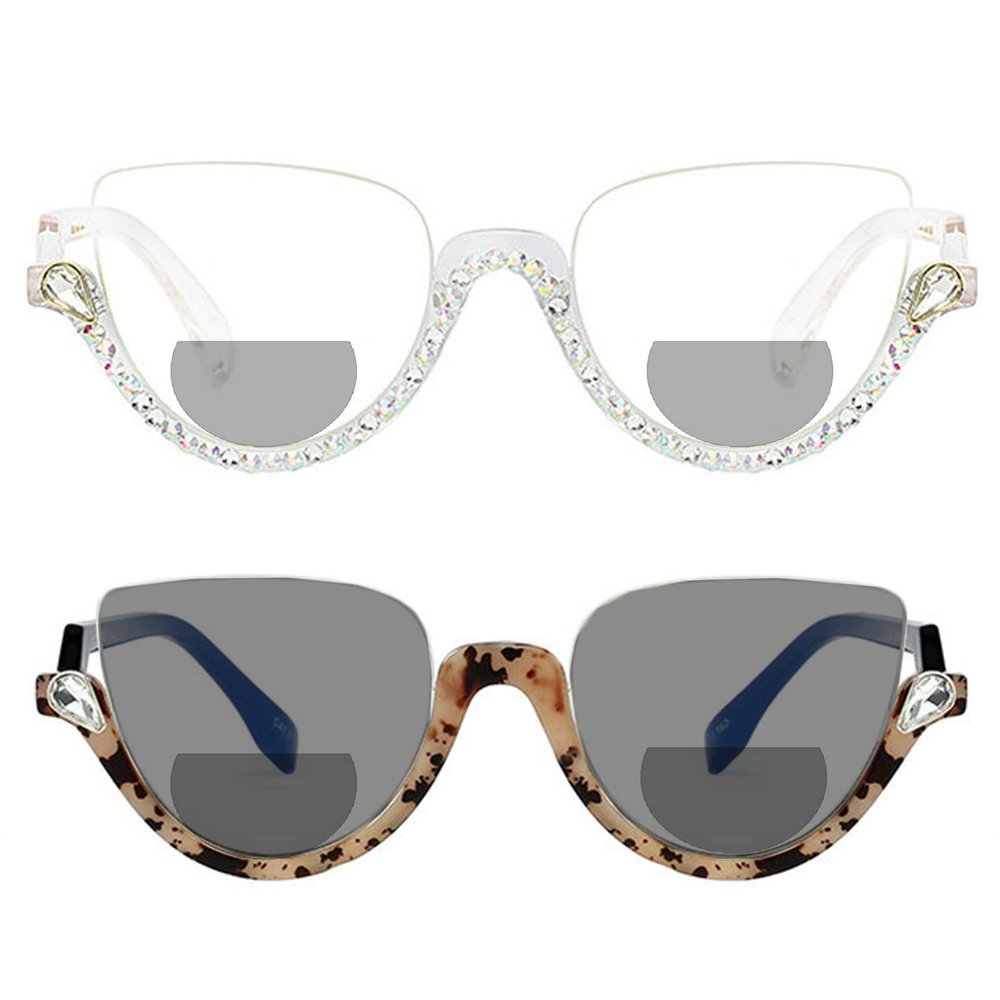 2pcs half frame Transition Photochromic Bifocal Reading Glasses for Women Cat Eye Bling Rhinestone reading Glasses (2pcs-flower&AB, 4, multiplier_x)