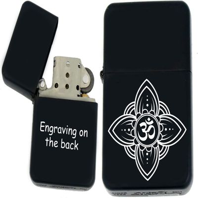 Personalized Windproof India Sign, Yoga Symbol, Lotus Flower, Hinduism, Religion Symbol, Mandala, Hamsa Hand, Omn, Black Matt Lighter Laser Engraving (H-4)