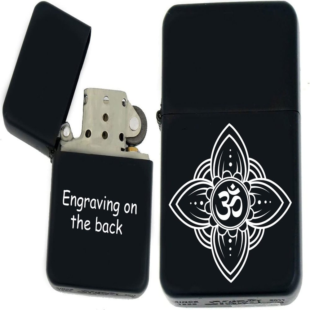 Personalized Windproof India Sign, Yoga Symbol, Lotus Flower, Hinduism, Religion Symbol, Mandala, Hamsa Hand, Omn, Black Matt Lighter Laser Engraving (H-4)