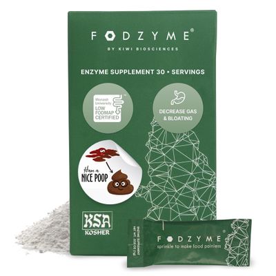 FODZYME On-The-Go Digestive Enzymes for Gut Health, Relief for Bloating, Gas, Constipation, Diarrhea, Abdominal Pain, Low FODMAP, 30 Dose