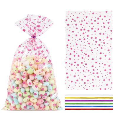 COQOFA 100 Pcs Pink Star 5"X11" Gift Wrap Cello Cellophane Treat Bags Clear Candy Cookie Goodie Storage Bags with Twist Ties for Baby Shower, Gender Reveal, Birthday, Wedding, Party Decorations (Pink)