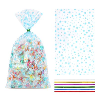 COQOFA 100 Pcs Blue Star 5"X11" Gift Wrap Cello Cellophane Treat Bags Clear Candy Cookie Plastic Poly Goodie Storage Bags with Twist Ties for Baby Shower, Gender Reveal, Birthday