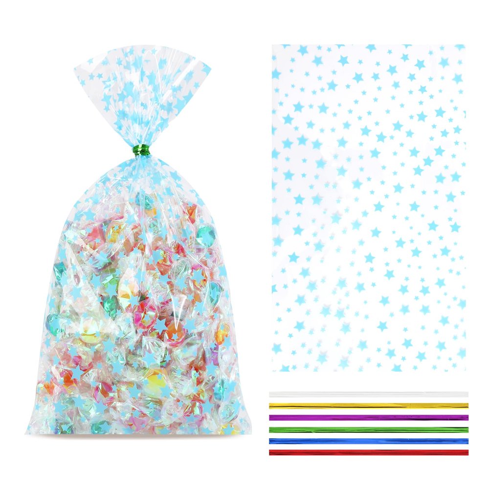 COQOFA 100 Pcs Blue Star 5"X11" Gift Wrap Cello Cellophane Treat Bags Clear Candy Cookie Plastic Poly Goodie Storage Bags with Twist Ties for Baby Shower, Gender Reveal, Birthday