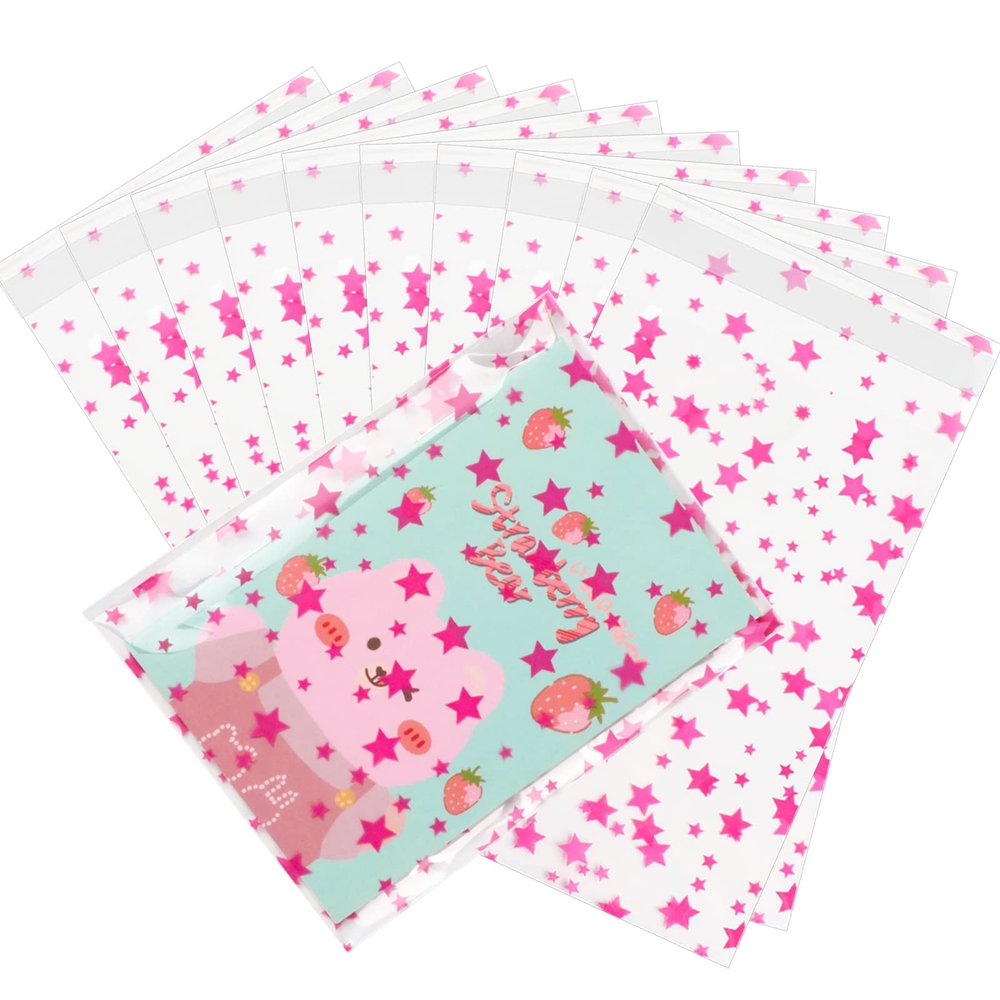 COQOFA 100 Pcs Star Printed Sealable Gift Wrap Cello Cellophane Bags Self sealing Adhensive Treat Bags Party Favor bags (4x6inch, Pink)