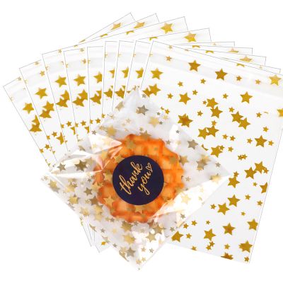 COQOFA 100 Pcs Star Printed Sealable Gift Wrap Cello Cellophane Bags Self sealing Adhensive Treat Bags Party Favor bags (4x4inch, Gold)