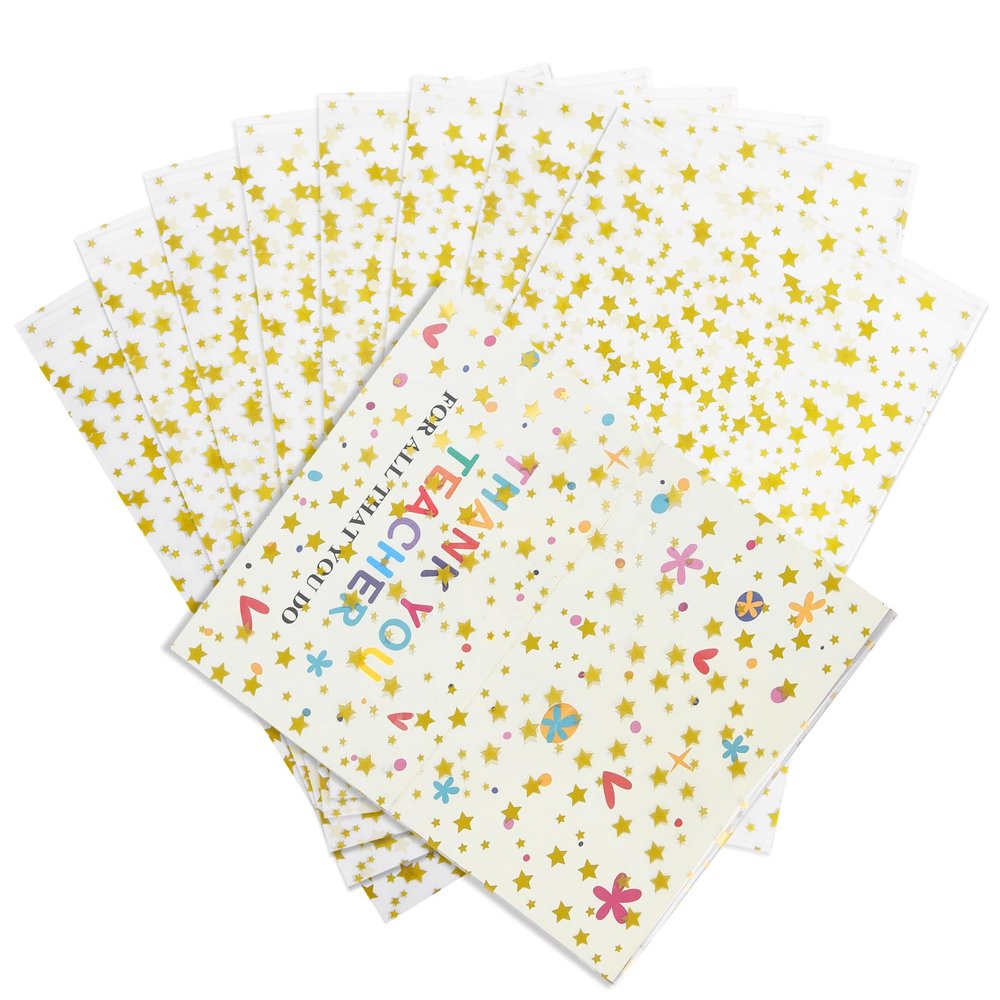 COQOFA 100 Pcs Star Printed Sealable Gift Wrap Cello Cellophane Bags Self sealing Adhensive Treat Bags Party Favor bags (7x10inch, Gold)
