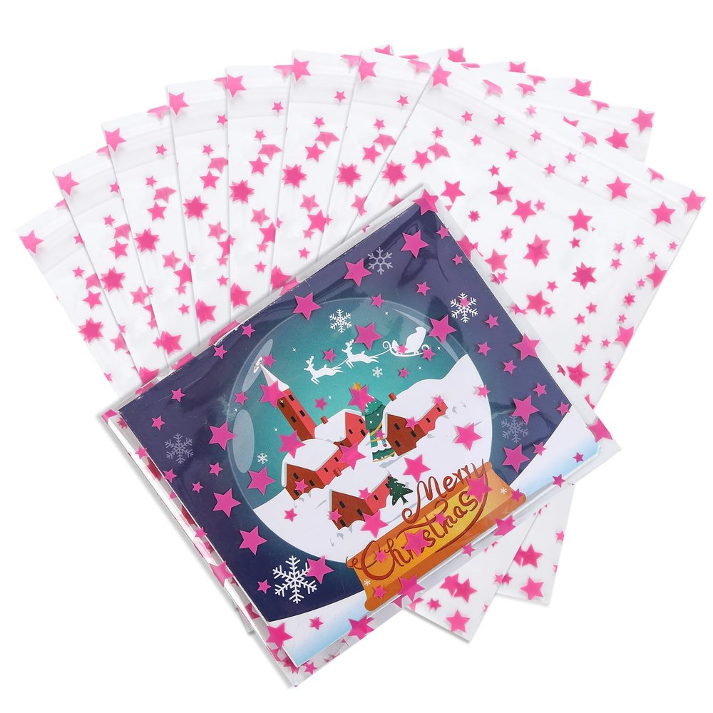 COQOFA 100 Pcs Star Printed Sealable Gift Wrap Cello Cellophane Bags Self sealing Adhensive Treat Bags Party Favor bags (5x7inch, Pink)