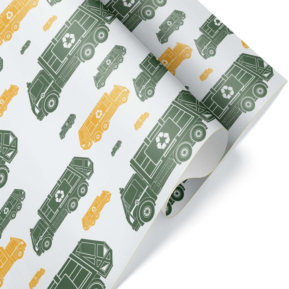 Yellow Green Recycling Garbage Truck Gift Wrap Thick Wrapping Paper Trash Man Theme Birthday Party Decor (12 foot x 30 inch roll)