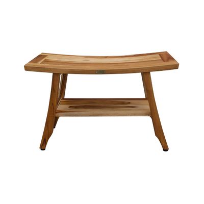 28" Extended Length Solid Teak Shower Bathroom Bench with Storage Shelf Finish Brown Modern Contemporary Single Piece