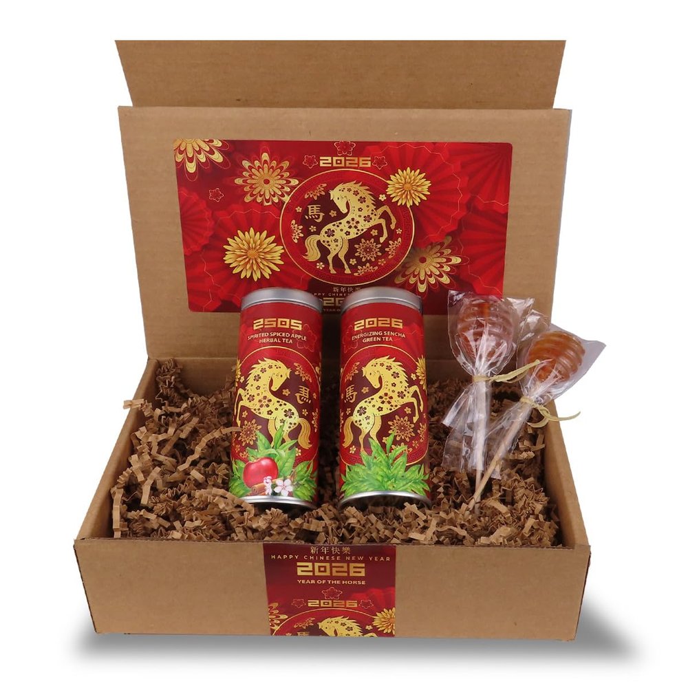Lunar New Year Tea Gift Basket by La Tea Dah, 2 Gourmet Tea Flavors, Spiced Apple Tea and Sencha Green Tea, Chinese New Year of the Horse 2026 Gifts
