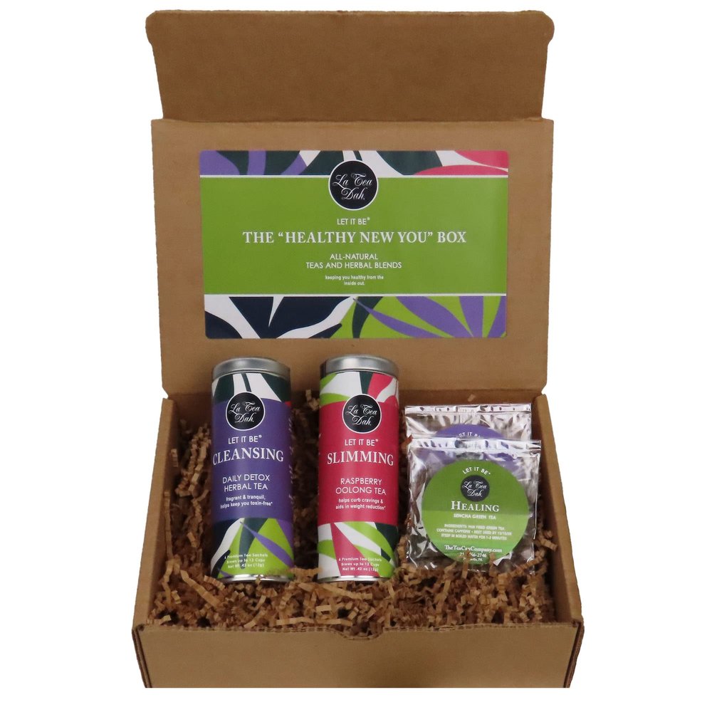 Healthy New You Slimming Tea Gift Basket by La Tea Dah, 3 Delicious Detox Tea Flavors, Premium Pyramid Tea Bags, Gourmet Tea Gift Sets